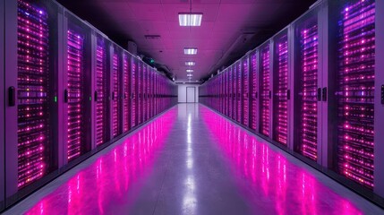 Fototapeta premium expansive big data center warehouse, showcasing rows of servers glowing with digital information, representing the future of technology with a sleek, modern aesthetic and a focus on cloud computing