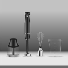 Realistic hand blender with equipment. Electric kitchen tools. Modern domestic mixer. 3d drawing of chef gadget