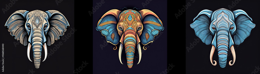 Poster three elephant heads with detailed patterns and different color variations.