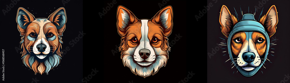 Poster Three dog heads are depicted in a digital illustration. Each dog has a different color scheme and expression.