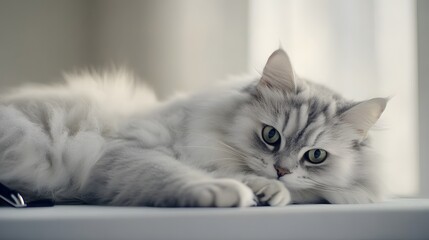 Cat calmly lying on veterinary examination table, trusting environment for health check. Animal care and trust in medical professionals