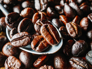 Roasted coffee bean on a stainless steel spoon, Close-up of fresh roasted coffee bean, Wallpapers of  roasted coffee bean, macro, Top view