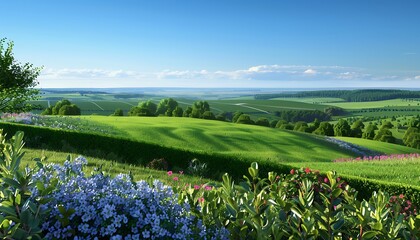 A rolling green landscape with neatly trimmed hedges blooming flowers and a distant horizon under a clear blue sky