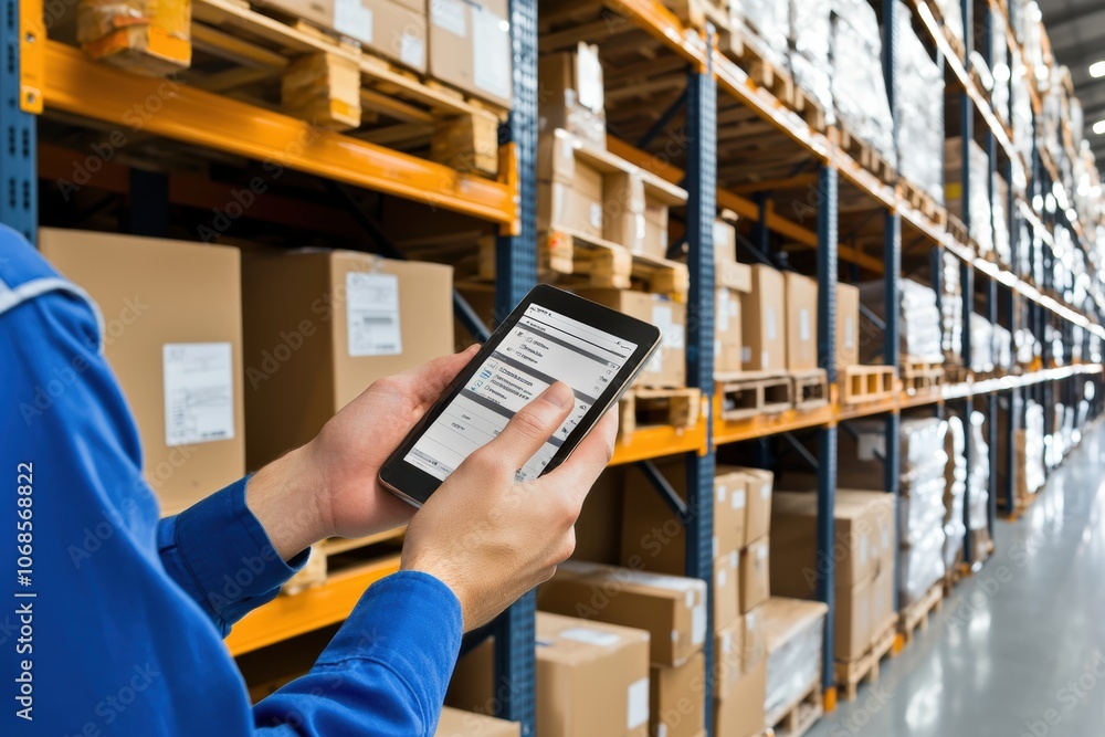 Poster warehouse manager checking stock levels on handheld device, efficient inventory strategy, organized 