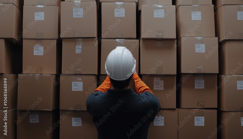 Poster warehouse worker scanning barcodes on boxes organized by size, efficient inventory management system