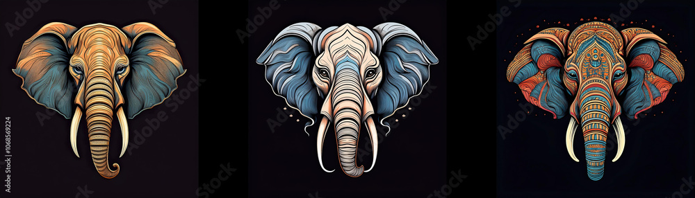 Poster three elephant heads in various colors and patterns on a black background.