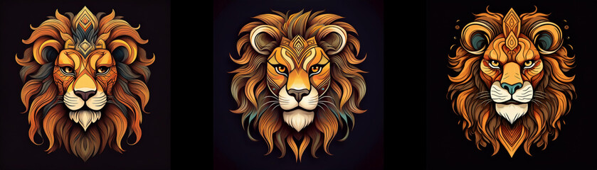 Fototapeta premium Three detailed lion head illustrations with intricate patterns on their manes, one wearing a crown.