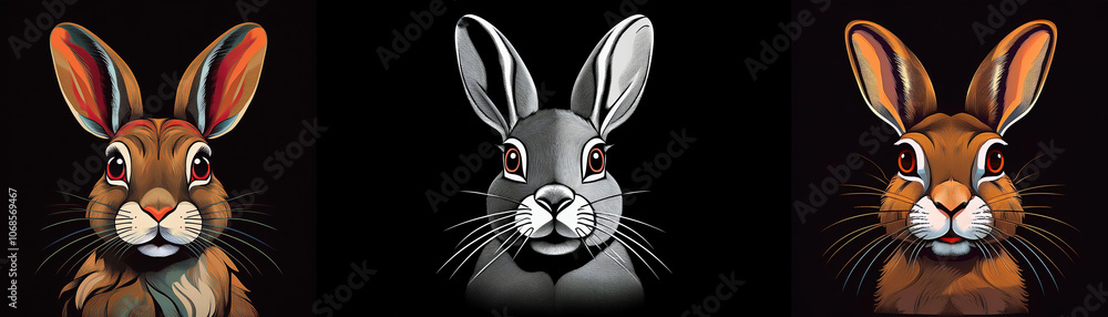 Poster three rabbit portraits with different colored fur against a black background.