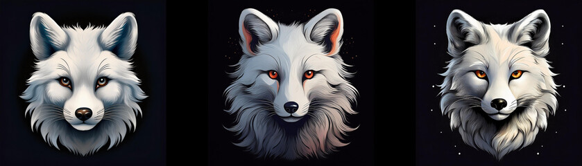 Fototapeta premium Three white fox heads with orange eyes, one in each panel, against a dark background.