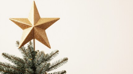 a golden star tree topper, shining bright for the top of the Christmas tree, classic holiday symbol, isolated on white background