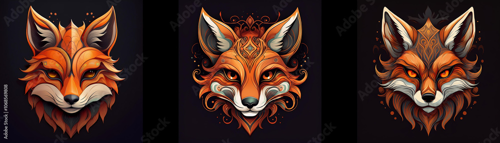Poster three stylized fox heads on a dark background. one is simple, while the other two feature intricate 
