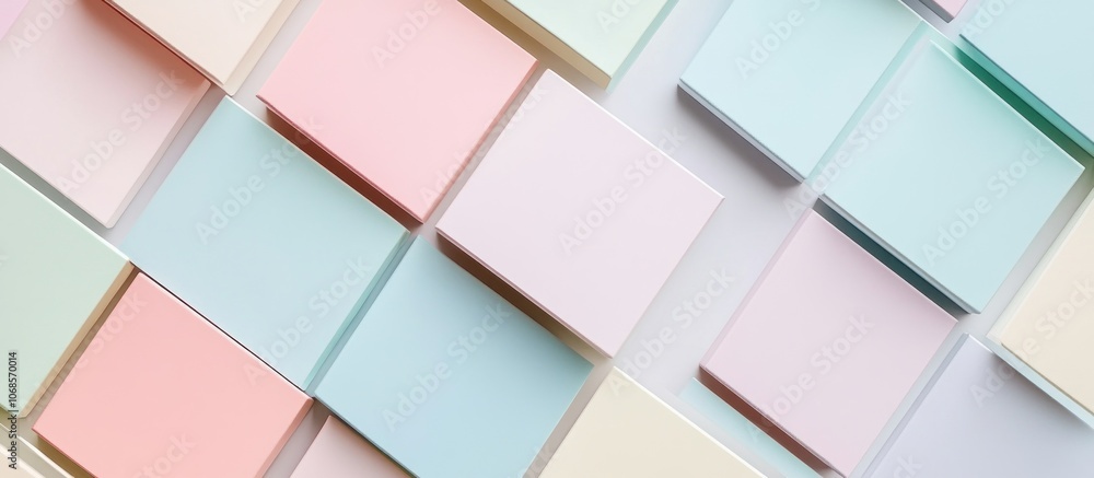 Poster pastel colored squares arranged in a diagonal pattern against a white background.