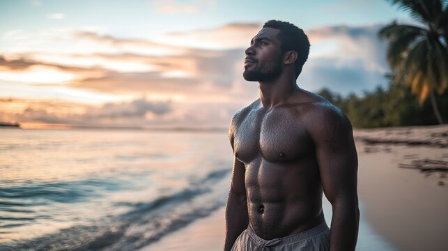 Serene Fijian Man on Beach at Sunset: Mystical Oceanic Atmosphere