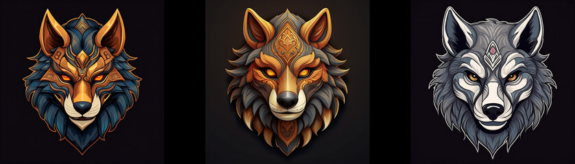 Obraz premium Three stylized wolf heads with different fur patterns and colors.