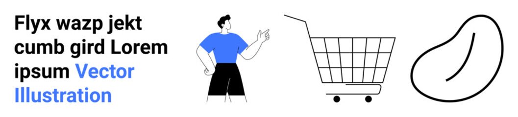 Confident man standing beside shopping cart outline and abstract shape. Ideal for retail, e-commerce, shopping, marketing, advertising, online stores, and consumer behavior. Banner for landing page