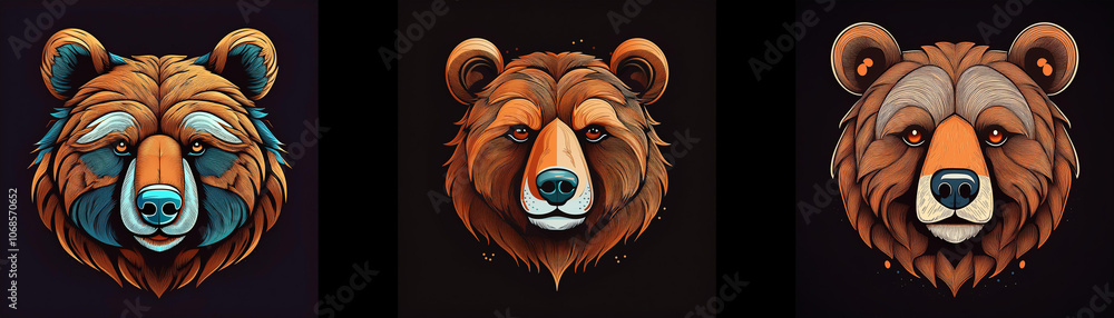 Poster Three bear heads are shown in a row, each with a different color scheme and pattern in their fur.