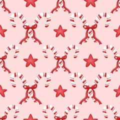 Christmas seamless pattern with candy canes ,red bows and stars. Ideal for fabric,scrapbooking,banner , card, wrapping paper, wallpaper, textiles.