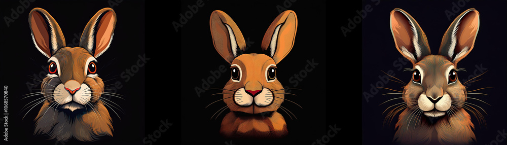 Poster three rabbits with brown fur are staring directly at the viewer.
