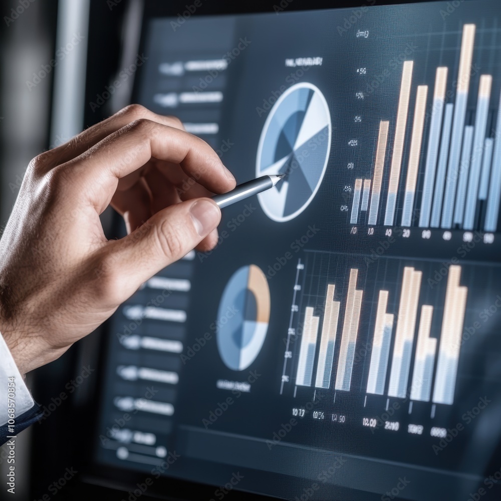 Poster businessman analyzing inventory data on a digital dashboard, modern warehouse background, efficient 
