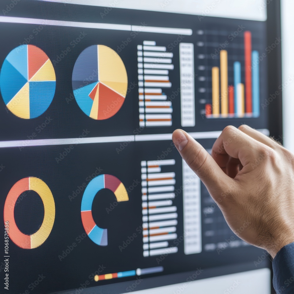 Poster businessman analyzing inventory data on a digital dashboard, modern warehouse background, efficient 