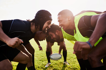 Men, team and rugby ball for scrum, outdoor and challenge in exercise, wellness and fitness. Male people, athlete and recreation facility as group for match, sports and training in stadium or arena