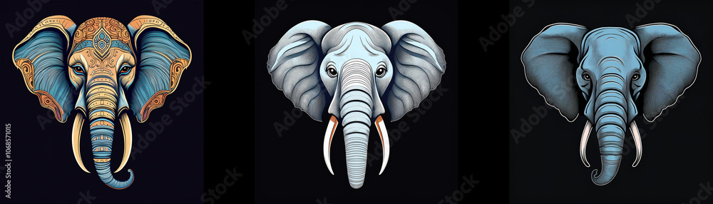 Poster three elephant heads facing forward, each with a unique color scheme and detailed features.