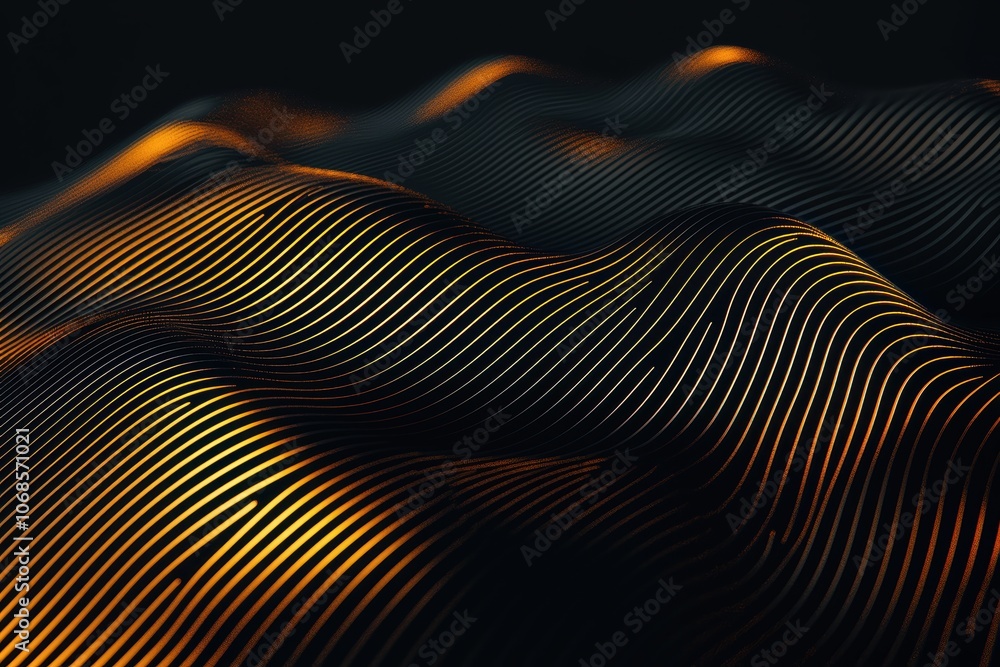 Poster dynamic waves in vivid cyan and gold sweeping across black background wide-angle shot soft shadows l