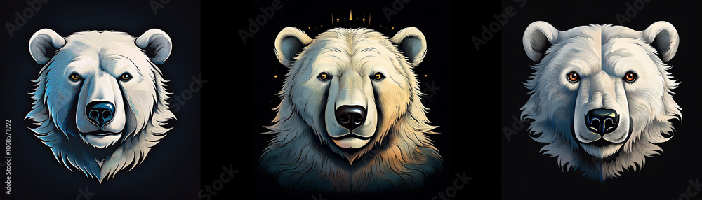 Poster three illustrations of a white bear's head, each with a different background and color scheme.