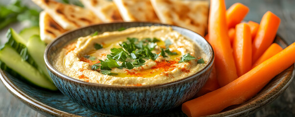 Photo Creamy Hummus Dip Carrots Cucumber Pita Bread