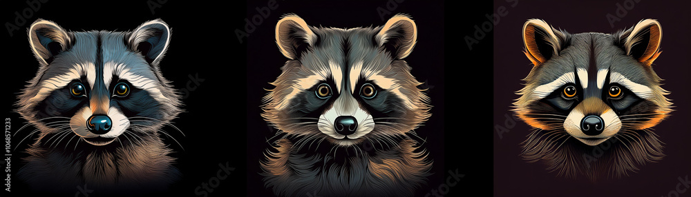 Poster three raccoon faces with different expressions.