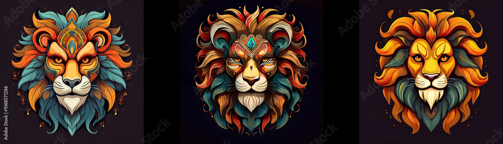 Poster Three lion heads are shown in a row, each with a unique color scheme and intricate design.