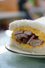 Delicious meat and egg sandwich in Hong Kong tea restaurant