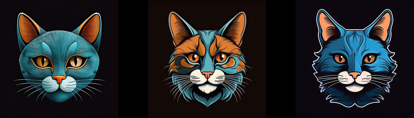 Fototapeta premium Three stylized cat heads with blue, orange, and white fur are shown against a black background.