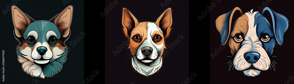 Poster Three dog portraits with different color patterns.