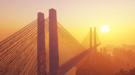Obraz premium A modern suspension bridge with two towers against a warm sunset sky, showcasing a city skyline in the background.