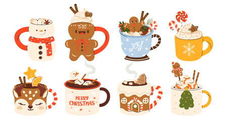 Set of cute Christmas Mugs in shape of gingerbread, snowman. Сacao with whipped cream, marshmallow and candy cane. Seasonal flavored products, cards for New Year or winter holidays. Vector flat