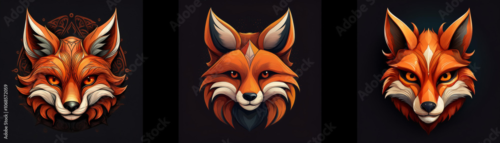 Aufkleber Three fox heads are arranged in a row on a black background, each with different shades of orange and red.