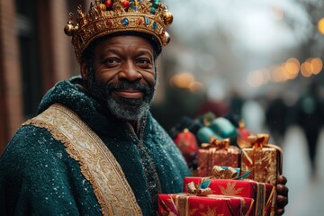 Man dressed as King Balthazar holding Christmas gifts for Epiphany celebration