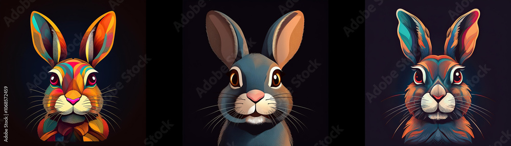 Poster Three rabbit illustrations, each with a different colored fur pattern. The rabbits are looking at the viewer.