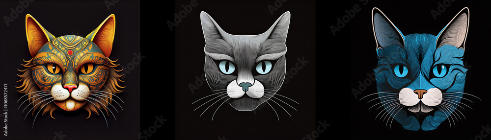 Poster three cat faces, with different colors and patterns, are displayed against a black background.