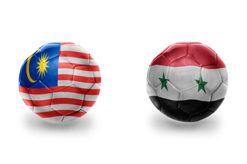 Obraz premium football balls with national flags of syria and malaysia ,soccer teams. on the white background.