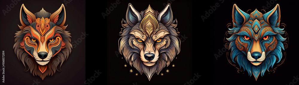 Poster three wolf heads with different colored fur and intricate patterns.
