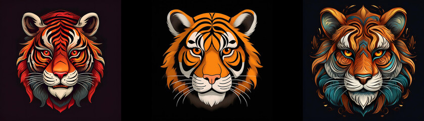 Fototapeta premium Three tiger head illustrations in different styles on a black background.