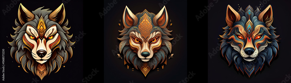 Poster three wolf heads are arranged in a row against a dark background, each with a different color palett