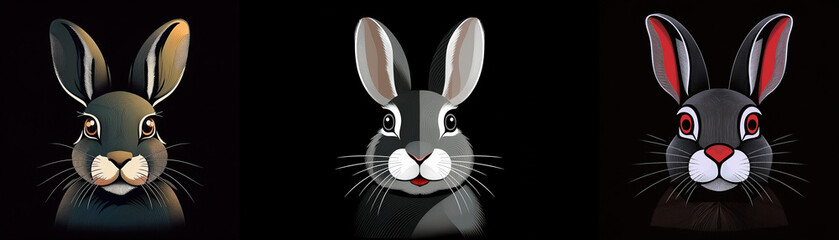 Fototapeta premium Three rabbits with different colored ears are against a black background.