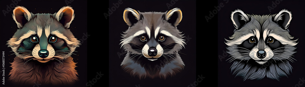Poster three raccoon faces in different color variations.