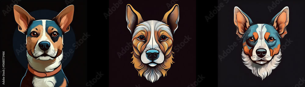 Poster Three colorful dog portraits, each with unique markings and expressions.