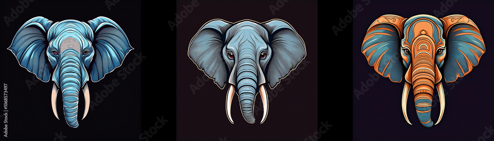 Poster three elephant heads with different patterns and colors against a black background.