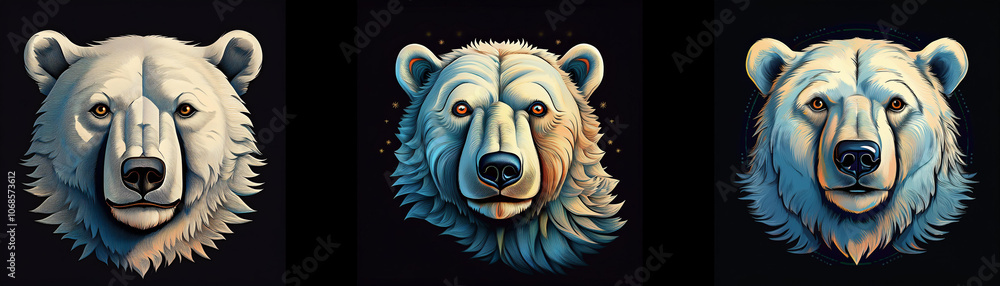 Poster three polar bear heads, each with slightly different color variations and expressions.