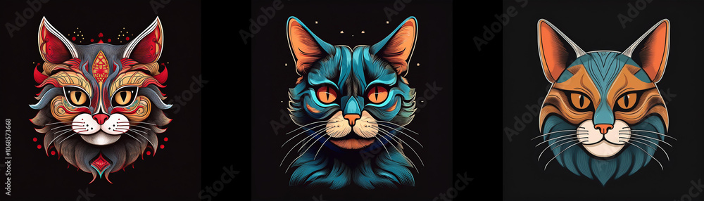 Poster Three stylized cat faces, each with distinct colorful patterns and expressions.
